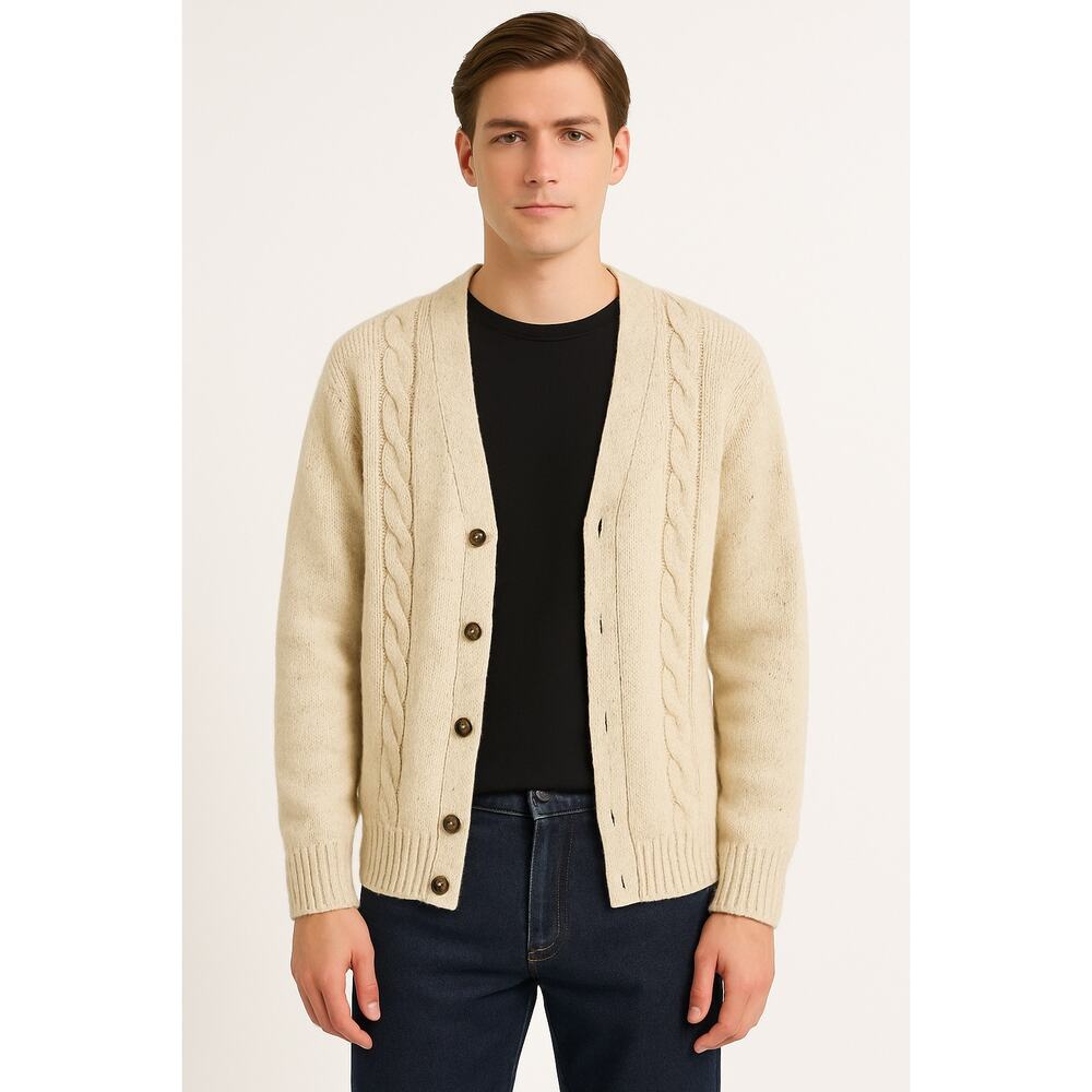 Vintage 80s 90s chunky cable knit fisherman cardigan sweater wool XL Academia